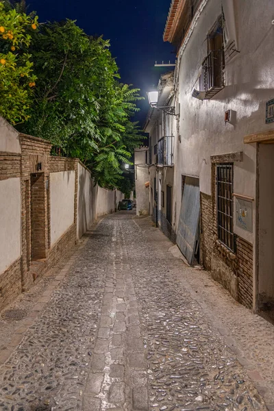 Spanya Granada Nın Albaicin Ilçesinde Dar Bir Caddenin Gece Görüşü — Stok fotoğraf
