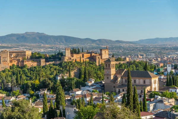 Zonsondergang Uitzicht Alhambra Paleis Salvador Kerk Granada Spanje — Stockfoto