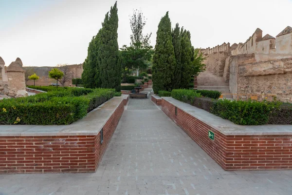 Solnedgång Utsikt Över Trädgårdar Alcazaba Fästning Almería Spanien — Stockfoto