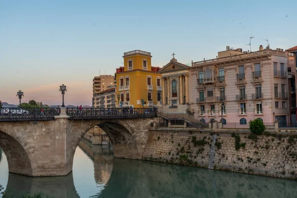 Večerní Pohled Řeku Segura Katedrálou Puente Los Peligros Murcii Španělsko — Stock fotografie