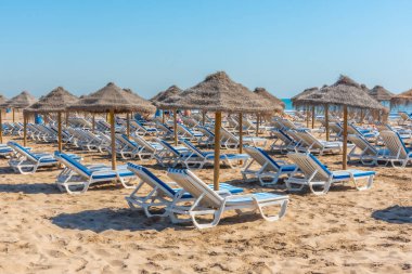 Valencia, İspanya 'da bir plajda güneşlik ve şemsiyeler