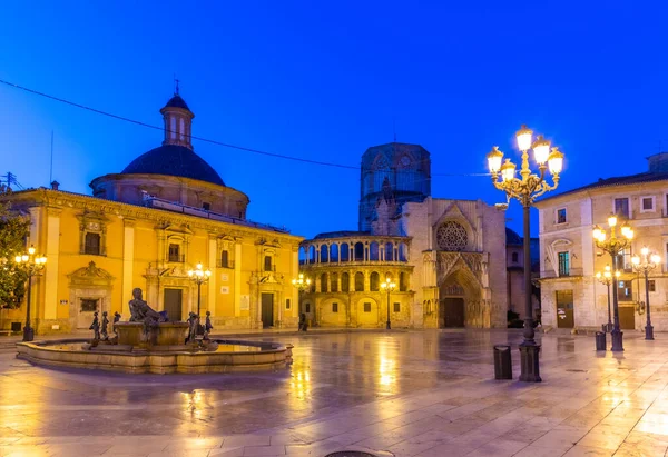 Éjszakai Kilátás Plaza Virgen Valencia Spanyolország — Stock Fotó