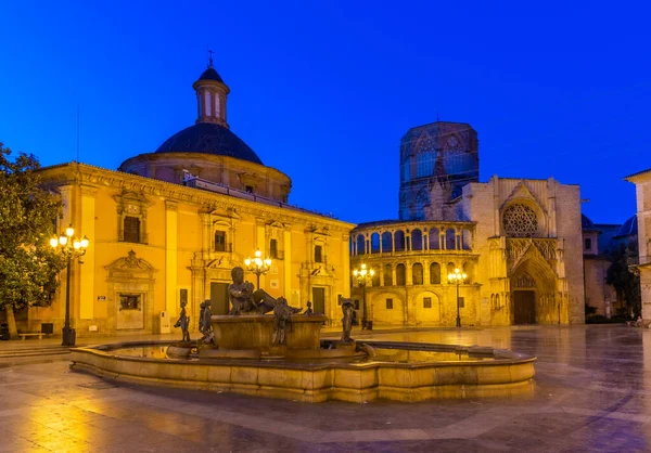 Vista Noturna Plaza Virgen Valência Espanha — Fotografia de Stock