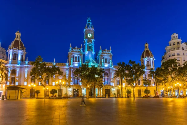 Noční Pohled Radnici Španělském Městě Valencie — Stock fotografie
