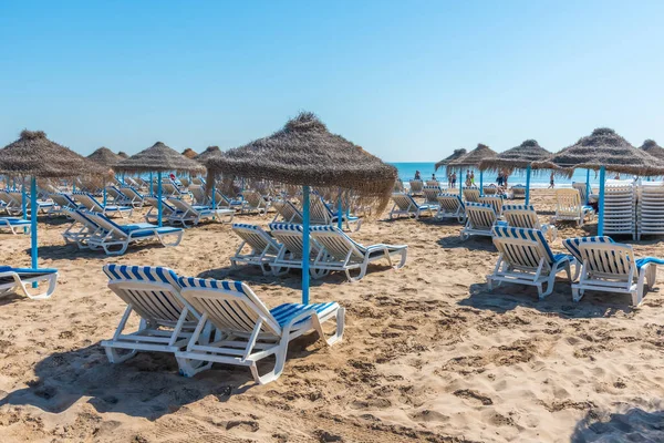 Camas Sol Guarda Sóis Uma Praia Valência Espanha — Fotografia de Stock