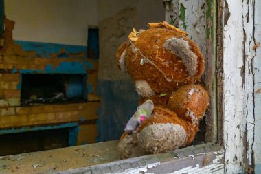 Ukrayna 'nın Çernobil Yasak Bölgesi' ndeki bir evin penceresinde pelüş oyuncak.