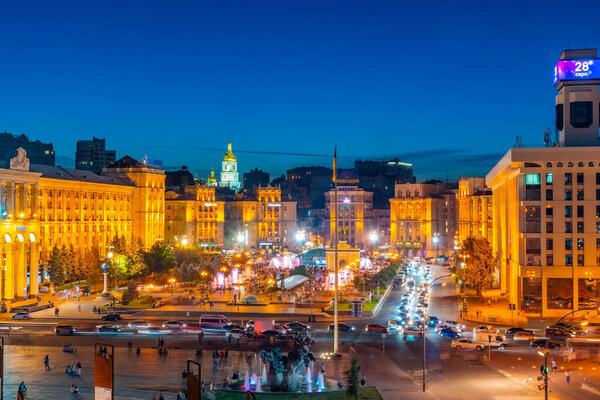 KYIV, UKRAINE, AUGUST 28, 2019: Night view of the independence square in Kyiv, Ukraine