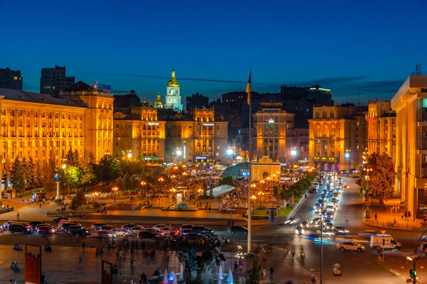 KYIV, UKRAINE, AUGUST 28, 2019: Night view of the independence square in Kyiv, Ukraine