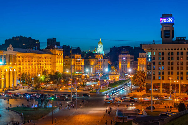 KYIV, UKRAINE, AUGUST 28, 2019: Night view of the independence square in Kyiv, Ukraine