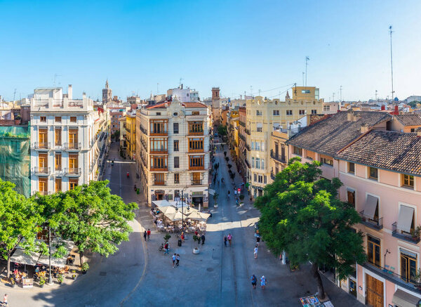 VALENCIA, SPAIN, JUNE 17, 2019: Aerial view of Placa dels Furs in Valencia, Spai