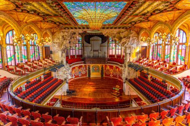 BARCELONA, İspanya, 30 Haziran 2019: Barcelona, İspanya 'daki Palau de la Musica' nın İçi