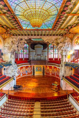 BARCELONA, SPAIN, JUNE 30, 2019: Interior of the palau de la musica in Barcelona, Spain clipart