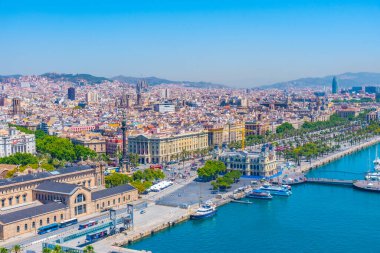 BARCELONA, İspanya, 28 Haziran 2019: Barselona, İspanya 'da Passeig de Colom' un havadan görünüşü
