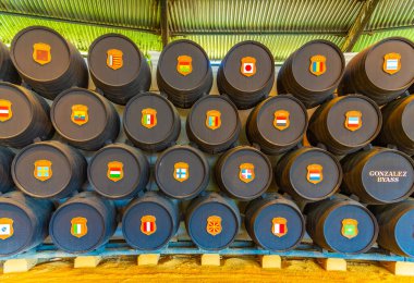 JEREZ DE LA FRONTERA, İspanya 'da Jerez de la Frontera, Tio Pepe Bodega' nın içinde şarap fıçıları