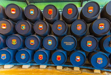 JEREZ DE LA FRONTERA, SPAIN, JUNE 26, 2019: Wine barrels inside of Bodega of Tio Pepe at Jerez de la Frontera in Spain clipart