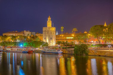 SEVILLA, İspanya, 25 Haziran 2019: Sevilla, İspanya 'da Torre del Oro' nun gece manzarası