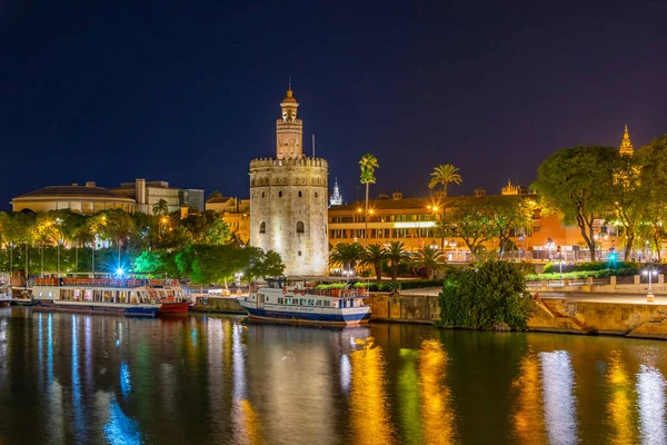 Sevilla Espanha Junho 2019 Vista Noturna Torre Del Oro Sevilha — Fotografia de Stock