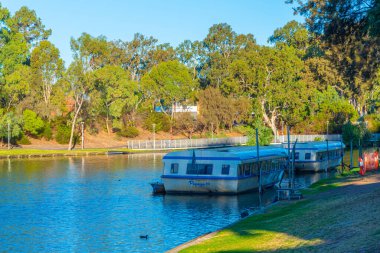 ADELAIDE, AUSTRALYA, 6 HAZİRAN 2020: Adelaide, Avustralya 'da torrens nehrinin kıyısına demirleyen turist tekneleri