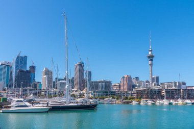 AUCKLAND, NEW ZEALAND, 20 Şubat 2020: Auckland, Yeni Zelanda limanından gökyüzü kulesi manzarası