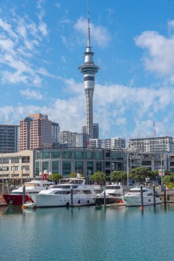 AUCKLAND, NEW ZEALAND, 19 Şubat 2020: Auckland, Yeni Zelanda limanından gökyüzü manzarası