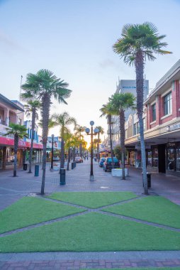 NAPIER, NEW ZEALAND, 10 Şubat 2020: Napier, Yeni Zelanda merkezindeki tarihi binaların günbatımı