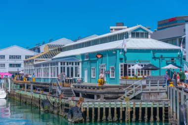WELLINGTON, NEW ZEALAND, 9 Şubat 2020: insanlar Wellington, Yeni Zelanda 'nın rıhtımında geziniyor