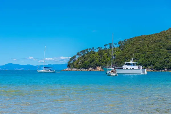 Abel Tasman Nuova Zelanda Febbraio 2020 Ormeggio Barche Bark Bay — Foto Stock