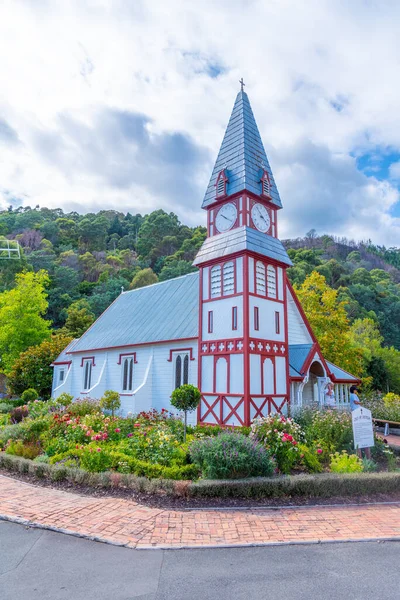 stock image NELSON, NEW ZEALAND, FEBRUARY 5, 2020: Historial church and windmill at Founders Heritage Park at Nelson, New Zealand