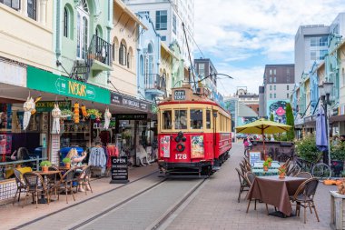 CHRISTCHURCH, NEW ZEALAND, 21 OCAK 2020: Christchurch, Yeni Zelanda 'daki New Regent Caddesi' ndeki restoranlar