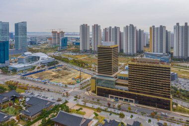Incheon, Kore, Kore, Incheon 'daki Songdo parkının havadan görünüşü