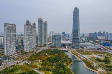 Incheon, Kore, Kore, Incheon 'daki Songdo parkının havadan görünüşü