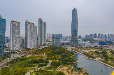 Incheon, Kore, Kore, Incheon 'daki Songdo parkının havadan görünüşü