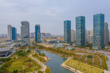 Incheon, Kore, Kore, Incheon 'daki Songdo parkının havadan görünüşü