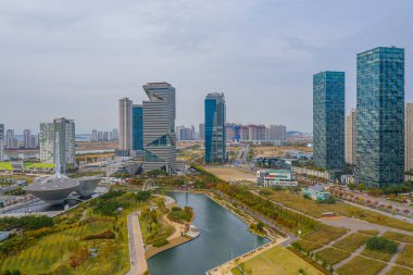 Incheon, Kore, Kore, Incheon 'daki Songdo parkının havadan görünüşü