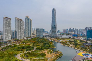 Incheon, Kore, Kore, Incheon 'daki Songdo parkının havadan görünüşü