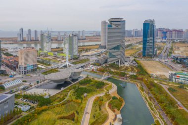 Incheon, Kore, Kore, Incheon 'daki Songdo parkının havadan görünüşü