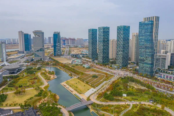Incheon, Kore, Kore, Incheon 'daki Songdo parkının havadan görünüşü