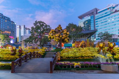 SEOUL, Kore, 9 Kasım 2019: Seul, Kore 'deki Jogyesa tapınağının sabah manzarası