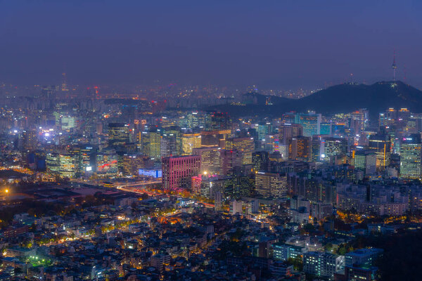 SEOUL, KOREA, NOVEMBER 7, 2019: Night view of Namsan tower overlooking downtown Seoul, Republic of Korea