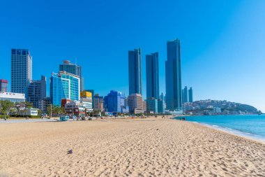 BUSAN, Kore, 30 Ekim 2019: Busan 'daki Haeundae Sahili, Kore Cumhuriyeti