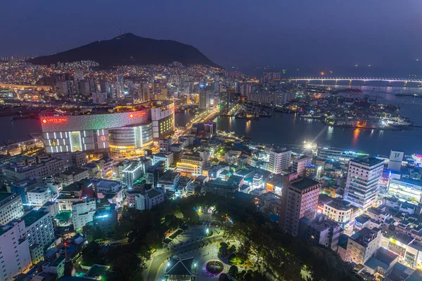 Busan Korea Październik Październik 2019 Nocny Widok Lotu Ptaka Teren — Zdjęcie stockowe