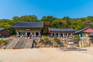 BUSAN, KOREA, Ekim 29, 2019: İnsanlar Busan, Kore Cumhuriyeti 'ndeki Beomeosa tapınağına hayran.