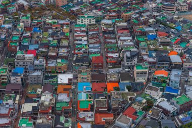 DAEGU, KOREA, ECTOBER 28, 2019: Daegu şehir merkezinin günbatımı hava görüntüsü, Kore Cumhuriyeti