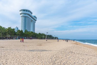 GANGNEUNG, KOREA, 26 Ekim 2019: Kore Cumhuriyeti 'nin Gangneung kentindeki Gyeongpo plajında gezinen insanlar