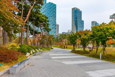 Incheon, Kore, 25 Ekim 2019: Kore Cumhuriyeti Incheon 'daki Songdo Central Park' ı çevreleyen gökdelenler