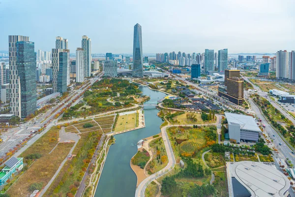 Incheon Korea Październik 2019 Widok Lotu Ptaka Park Songdo Incheon — Zdjęcie stockowe