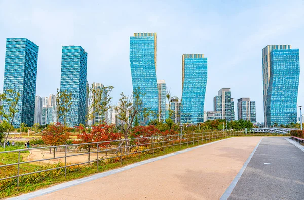 Incheon Coreia Outubro 2019 Arranha Céus Torno Parque Central Songdo — Fotografia de Stock