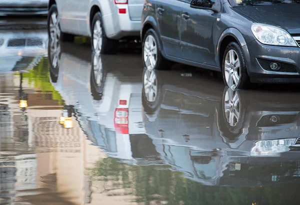 Sunny Beach Bulgaria 2018 Reflection Car Water Flooding Street — Stock Photo, Image