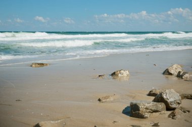 Tropik kumlu sahil ve mavi okyanus