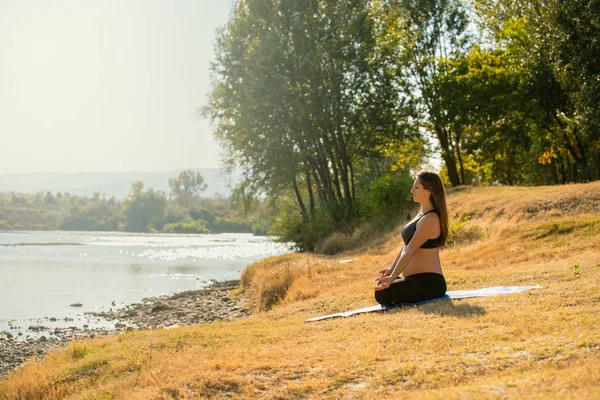 Mujer Embarazada Haciendo Yoga Naturaleza —  Fotos de Stock